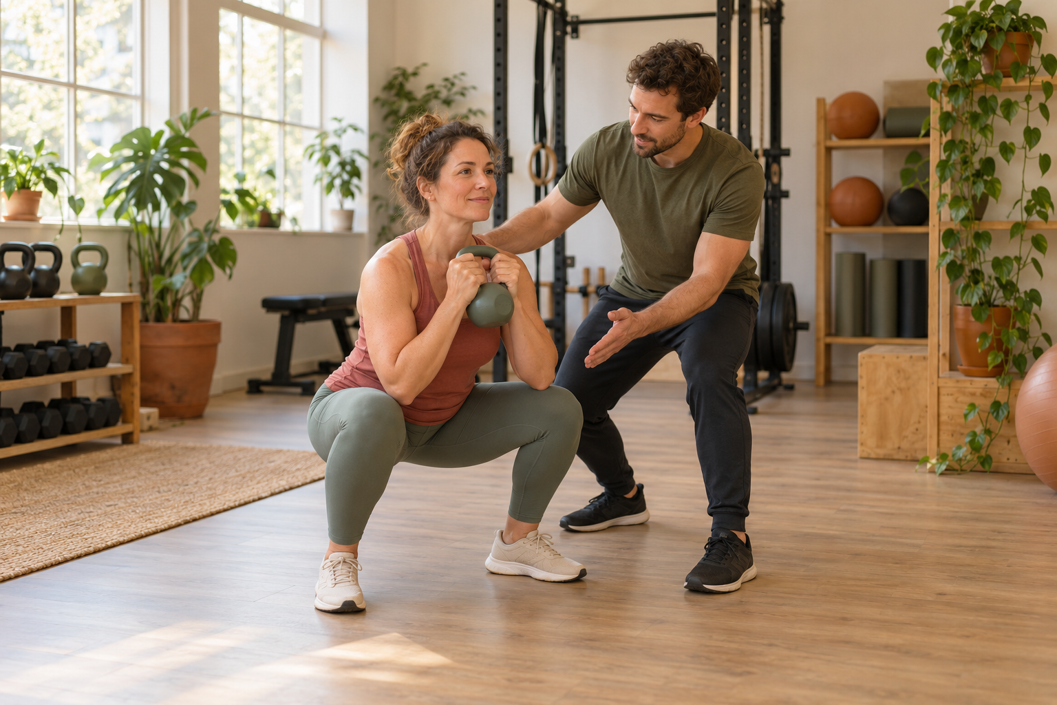 Een trainer legt de houding bij een squat uit
