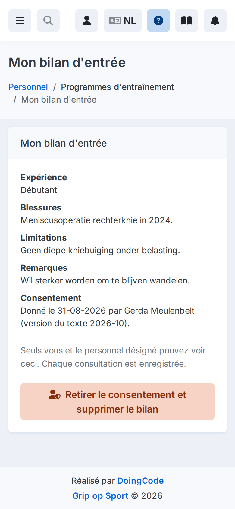 De eigen intake van een lid op een telefoon