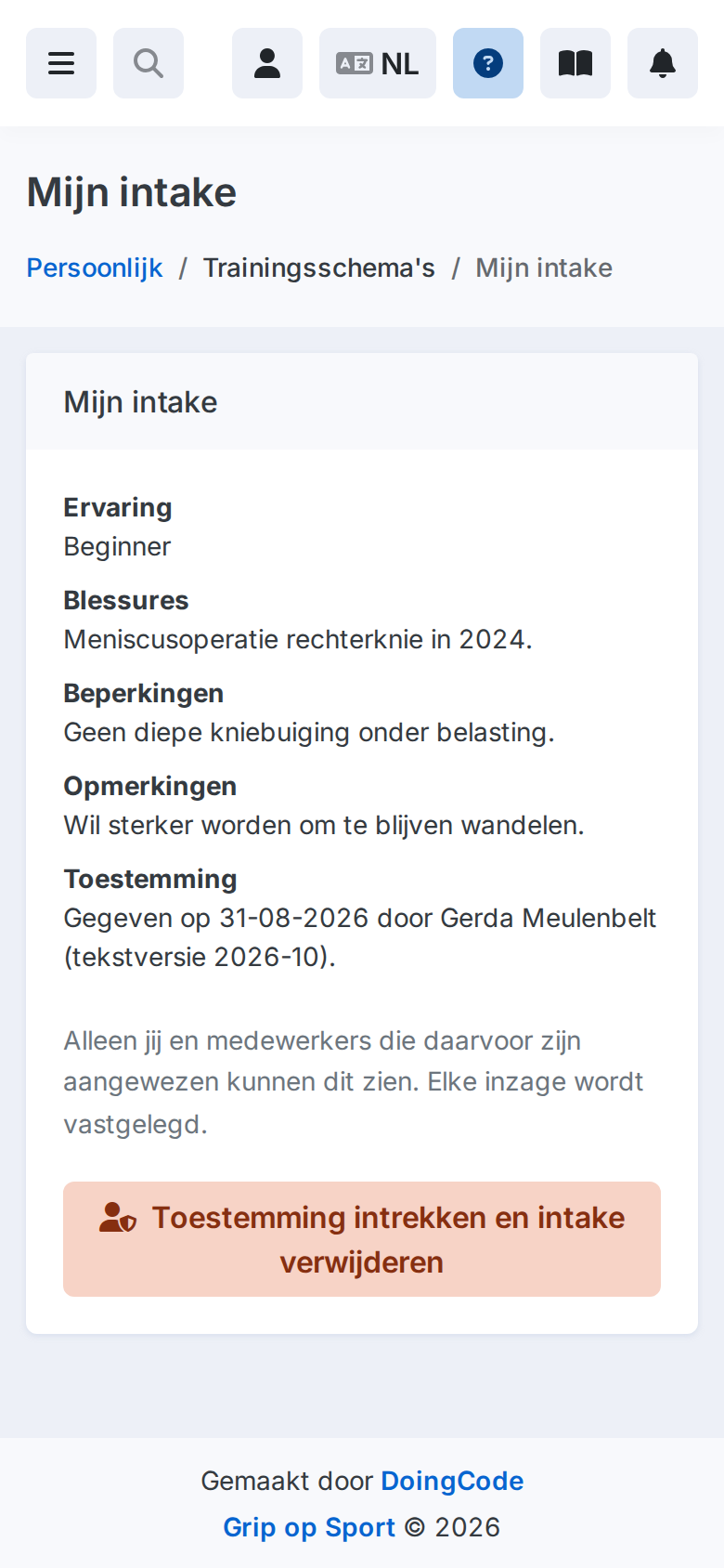 De eigen intake van een lid op een telefoon